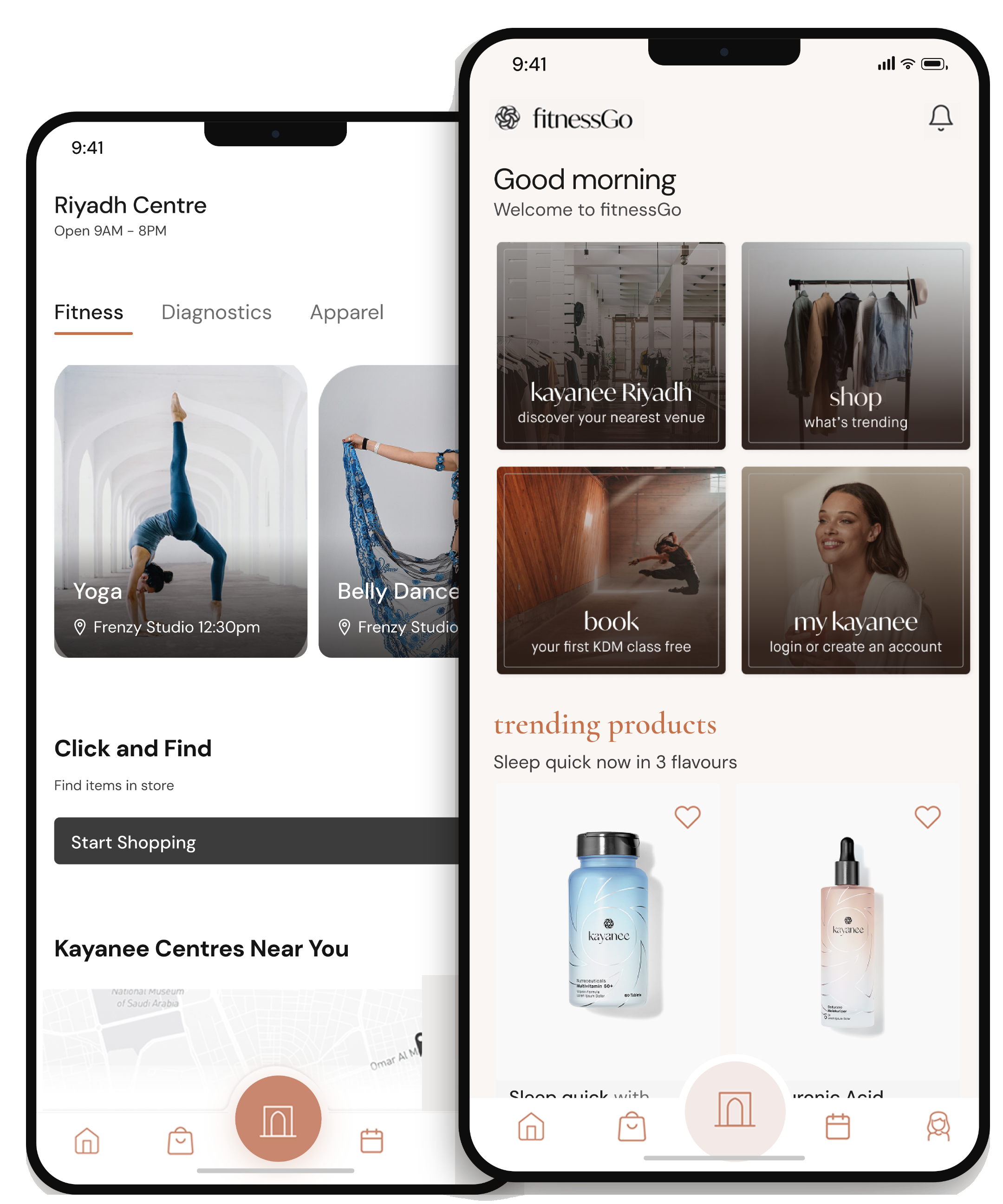 FitnessGo — Riyadh Centre and home screens