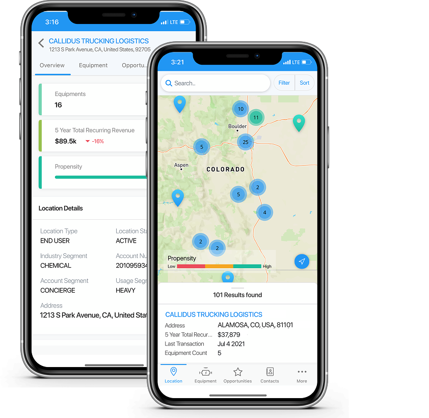 Mobile CRM on two phones — account overview and clustered map view